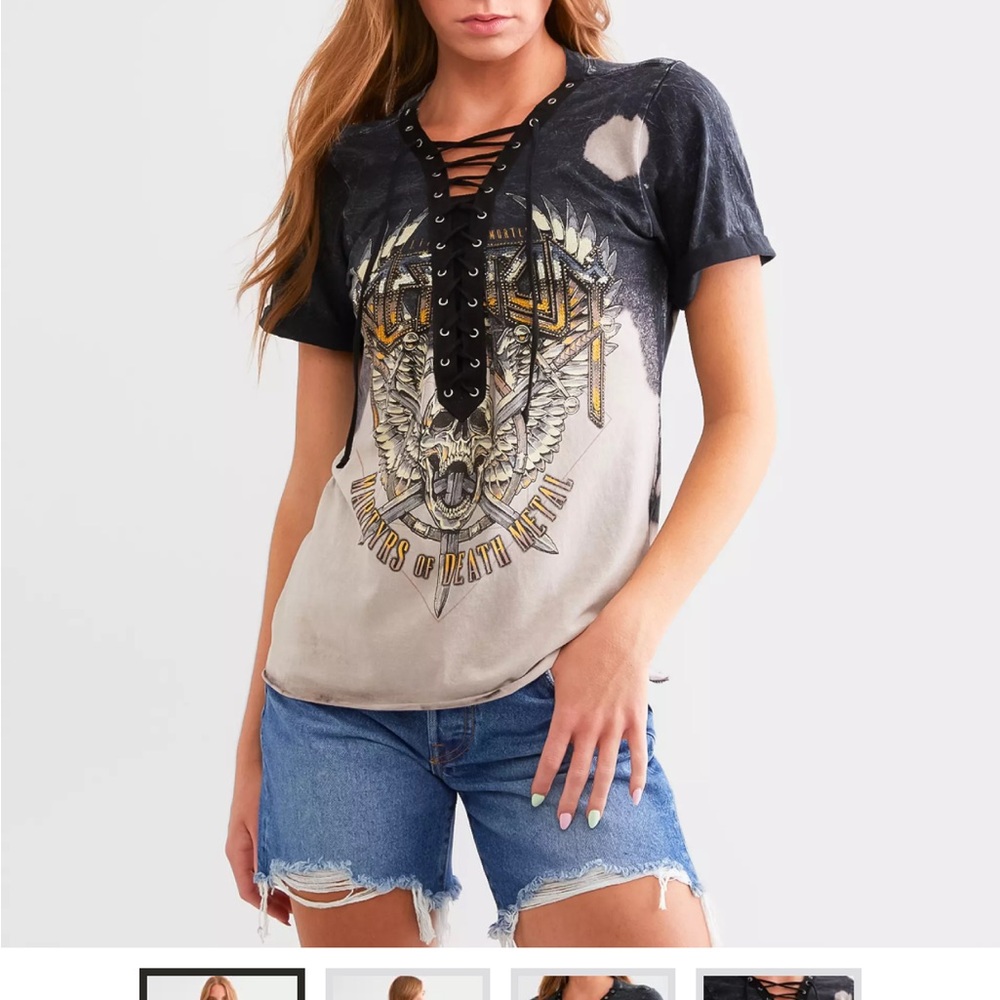 Affliction Gray Graphic Cut Out Short Sleeve Tee